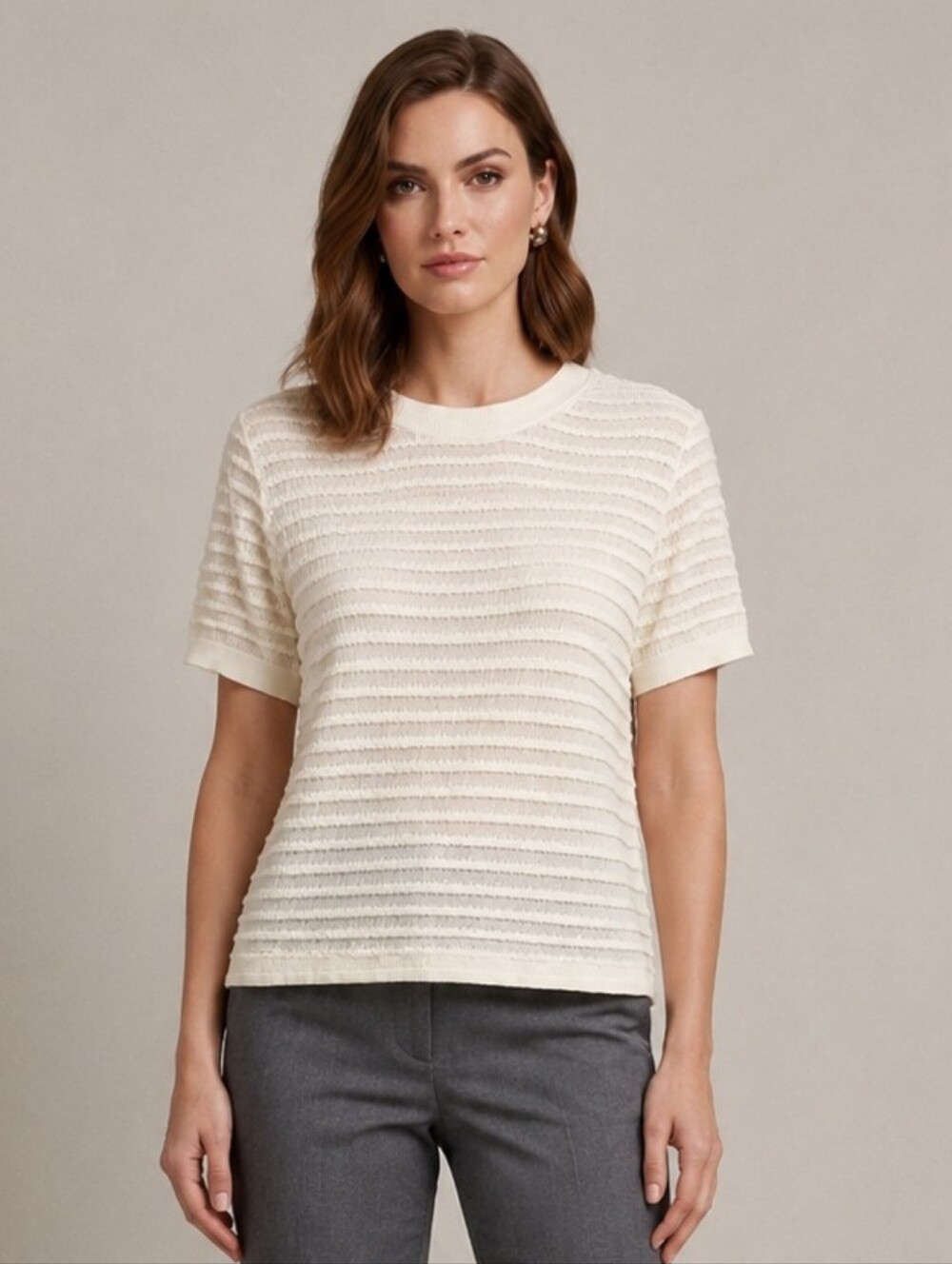 Elie Tahari Cream Ribbed Knit Crewneck Saks 5th Ave Quiet Luxury Careerware Sz L